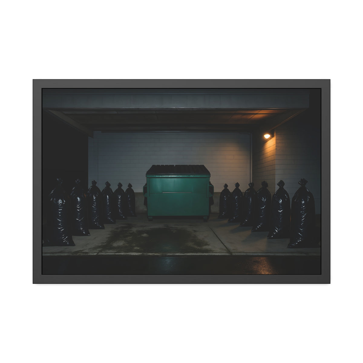 A green dumpster flanked by rows of black garbage bags under a lamp. Night Watch of the Loading Dock by Garabaggio, framed fine art print hanging in a room.