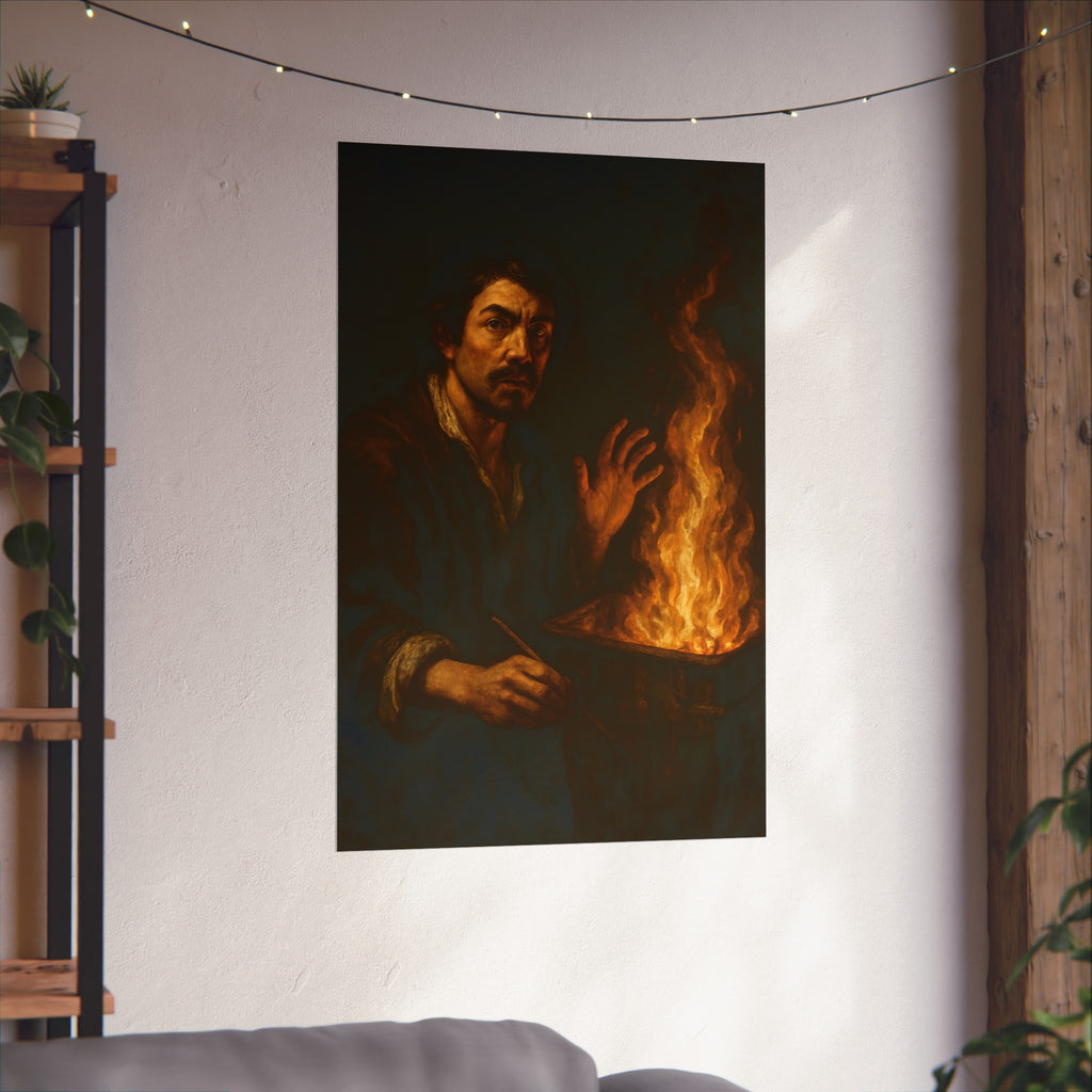 Man holding a paintbrush, his other hand raised beside tall flames. Self-Portrait with Brush and Flame by Garabaggio, fine art print hanging in a room.