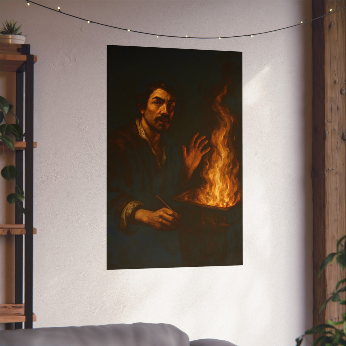Man holding a paintbrush, his other hand raised beside tall flames. Self-Portrait with Brush and Flame by Garabaggio, fine art print hanging in a room.
