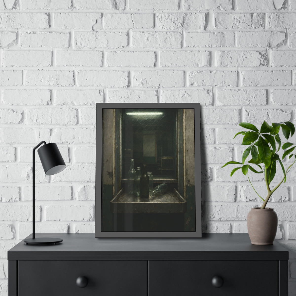 Empty glass bottles on a metal tray at a service window under a fluorescent tube. The Counting Window by Garabaggio, framed fine art print hanging in a room.