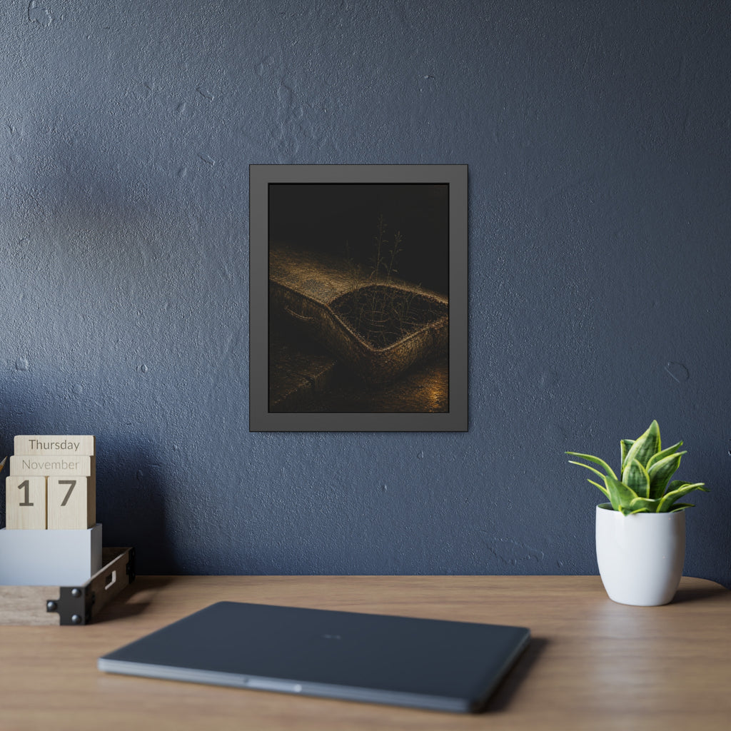 Weeds growing through a torn mattress left at a wet curb at night. The Rooting of Weeds by Garabaggio, framed fine art print hanging in a room.