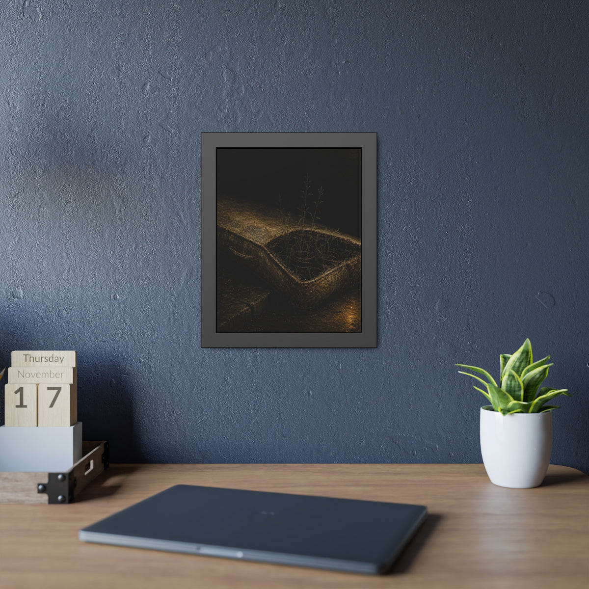 Weeds growing through a torn mattress left at a wet curb at night. The Rooting of Weeds by Garabaggio, framed fine art print hanging in a room.