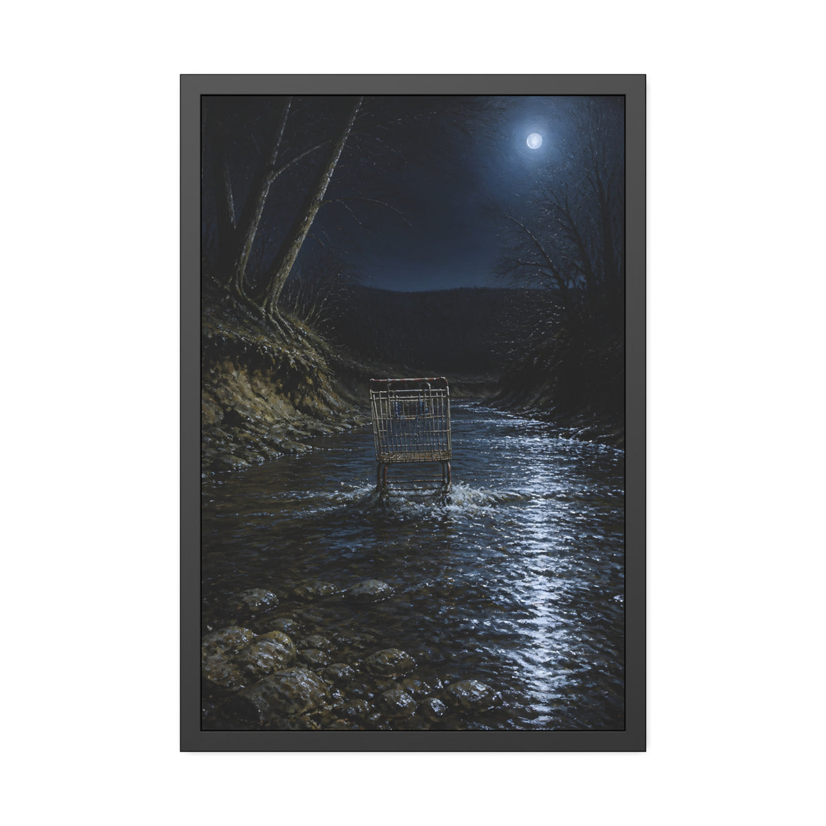 A shopping cart standing in a moonlit creek between dark trees. The Fording of the Creek by Garabaggio, framed fine art print, 24″ x 36″.