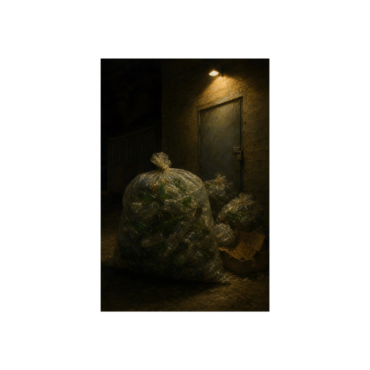 Clear bags of empty bottles piled by a padlocked door under a wall lamp. The Gathering of Empties by Garabaggio, fine art print, 24″ x 36″.