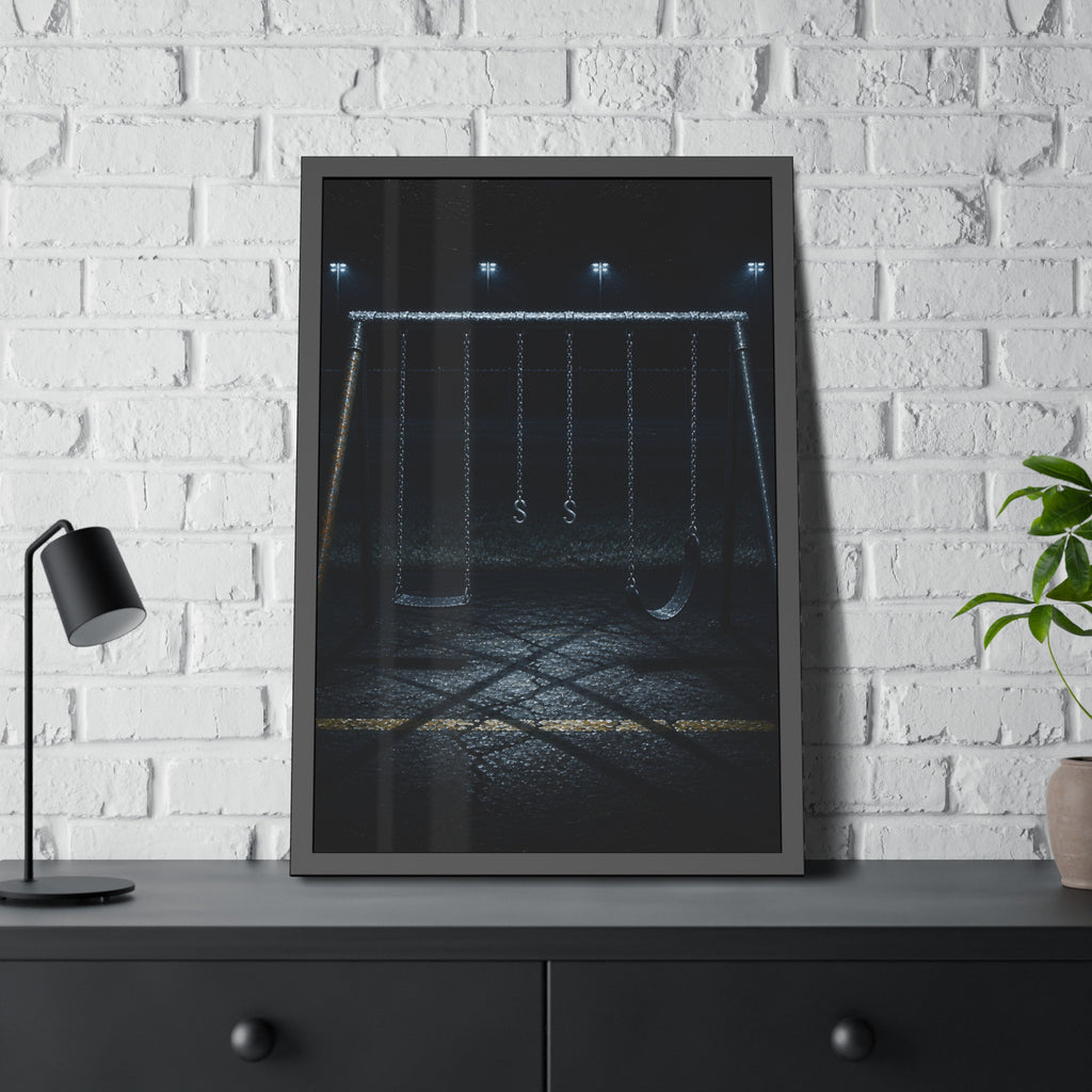 An empty swing set at night, chains still, floodlights far behind it. The Tenth Hour: The Chains Settle by Garabaggio, framed fine art print hanging in a room.
