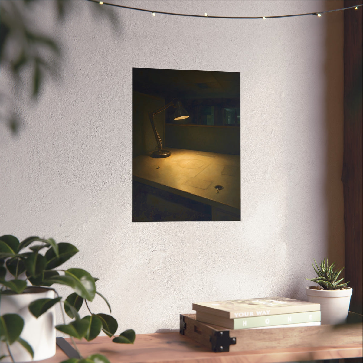 A lit desk lamp on an emptied office desk at night. The Desk Lamp Still Warm by Garabaggio, fine art print hanging in a room.
