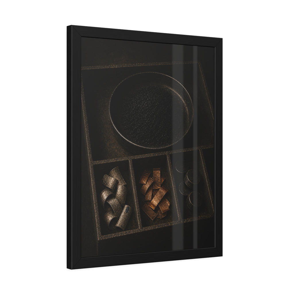 Sorted battery parts in a divided tray, metal strips, cells and powder. The Separation of Metals by Garabaggio, framed fine art print hanging in a room.