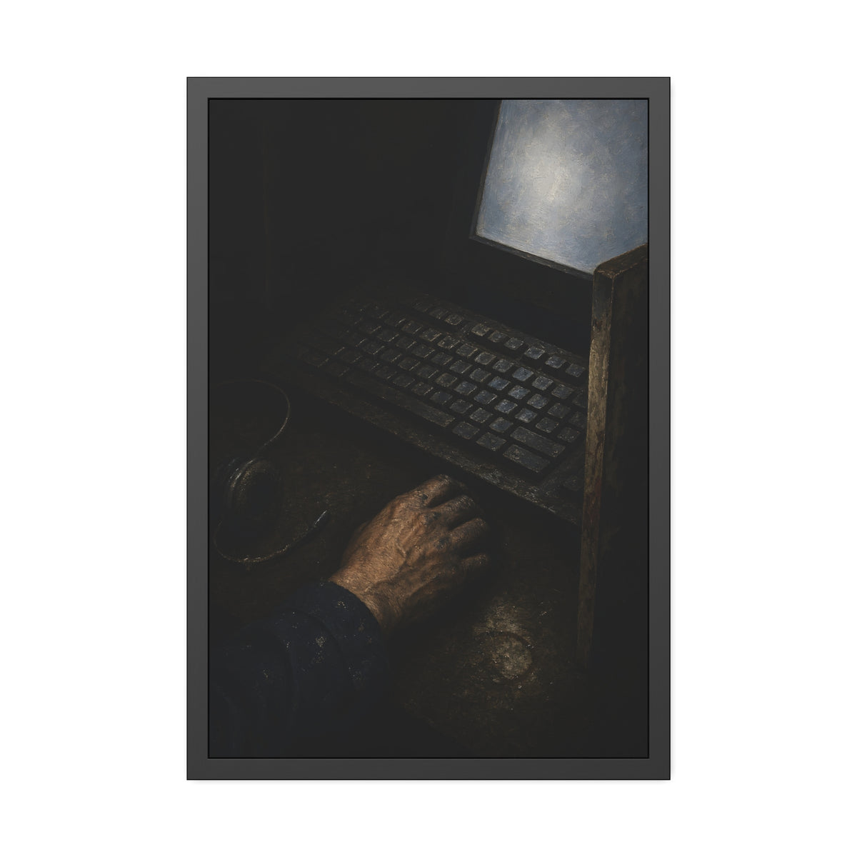A hand on a mouse beside a grimy keyboard and a pale glowing screen. Login Before Dawn by Garabaggio, framed fine art print, 24″ x 36″.