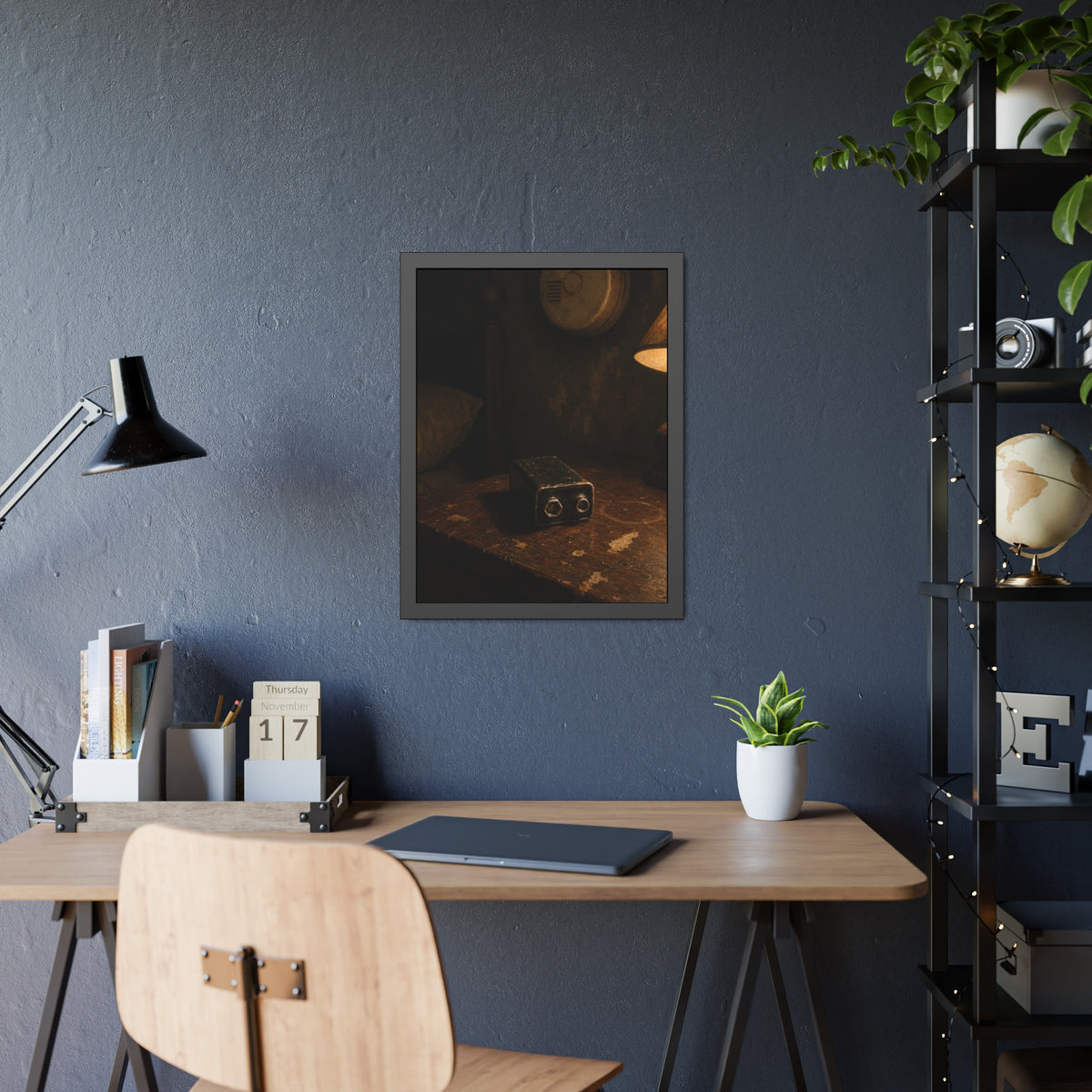 A nine volt battery on a nightstand below a wall smoke detector. The Battery Laid Below by Garabaggio, framed fine art print hanging in a room.