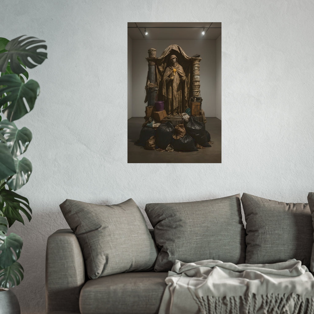 Draped standing figure under a canopy above a heap of black garbage bags. Saint Francis of the Black Bag by Garabaggio, fine art print hanging in a room.