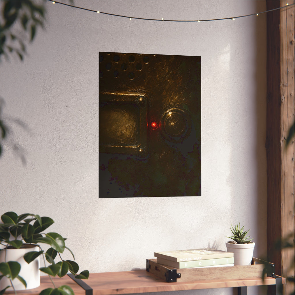 Close on an intercom nameplate and button with a small red light. The First Buzz at Dusk by Garabaggio, fine art print hanging in a room.