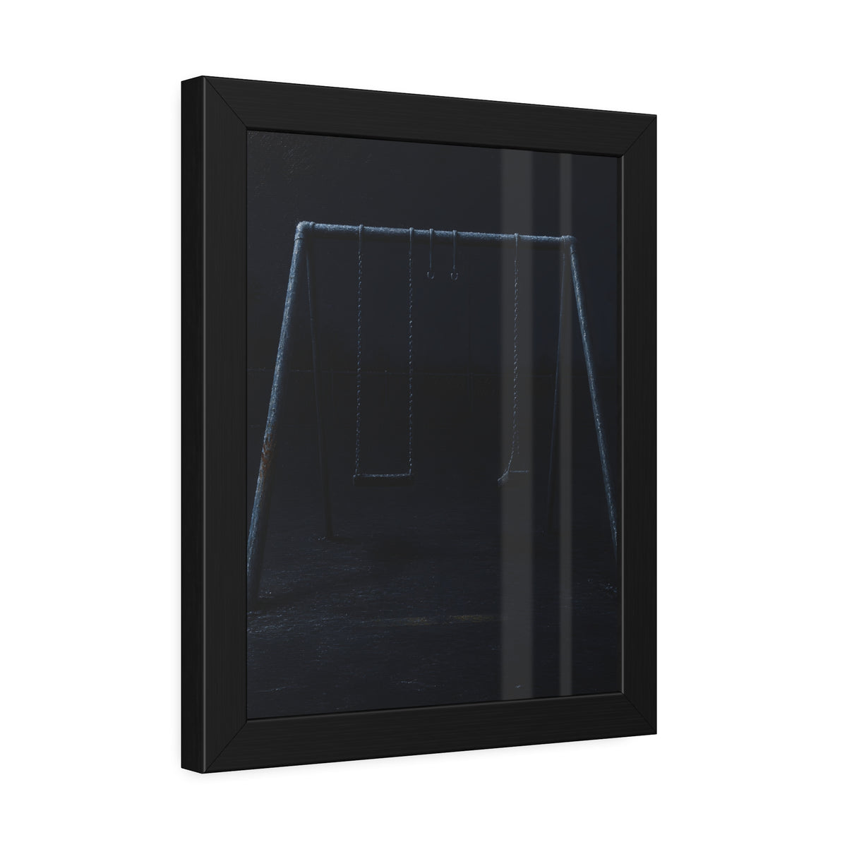 An empty swing set in near darkness with one seat twisted. The Fourth Hour: The Floodlights Cut by Garabaggio, framed fine art print hanging in a room.