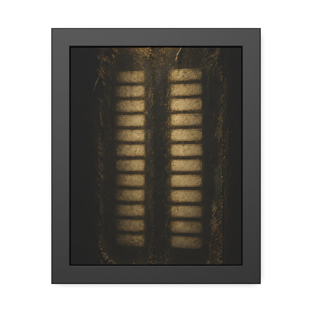 Two columns of blank name slots on a corroded intercom panel. Twenty-Four Pale Rectangles by Garabaggio, framed fine art print, 11″ x 14″.