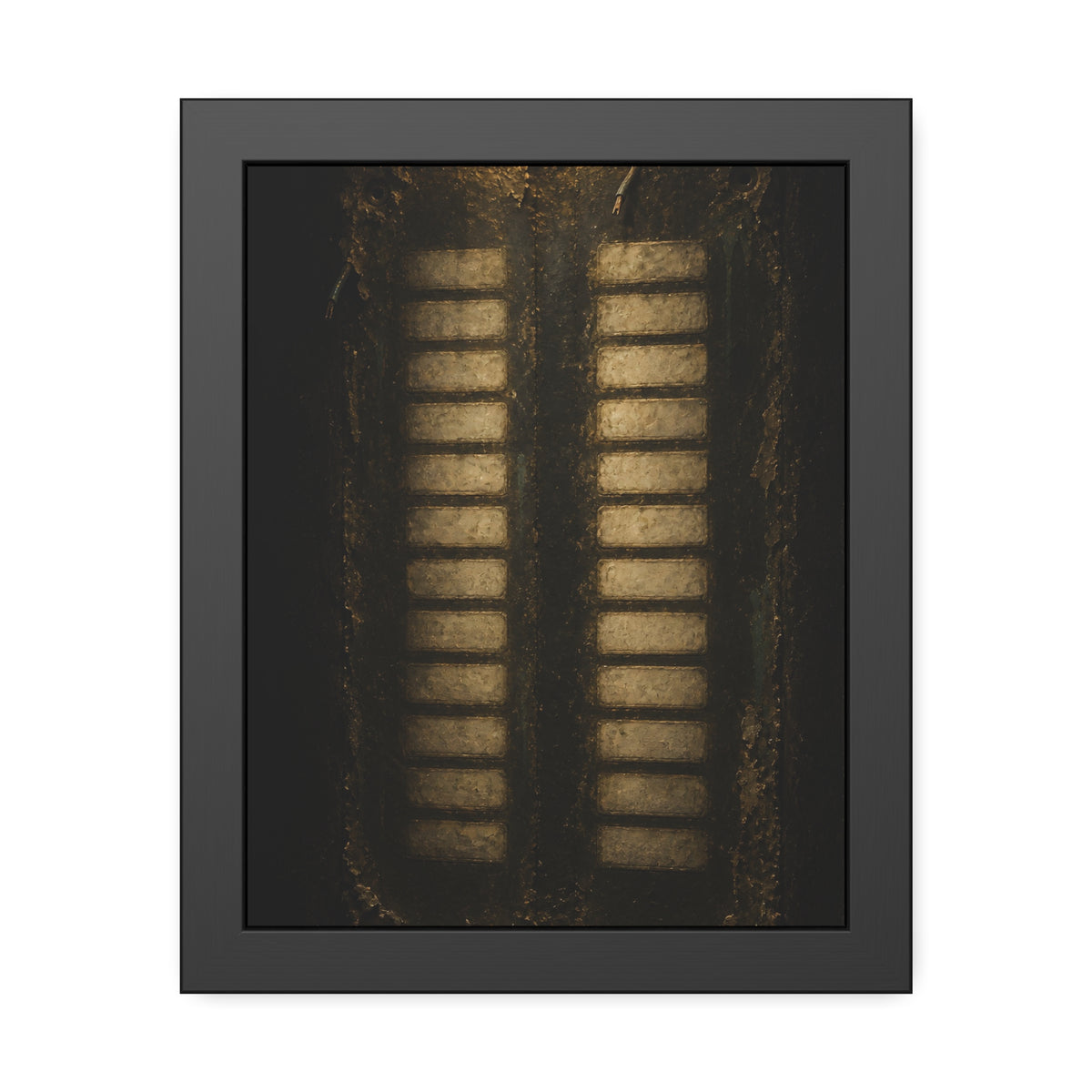 Two columns of blank name slots on a corroded intercom panel. Twenty-Four Pale Rectangles by Garabaggio, framed fine art print, 11″ x 14″.