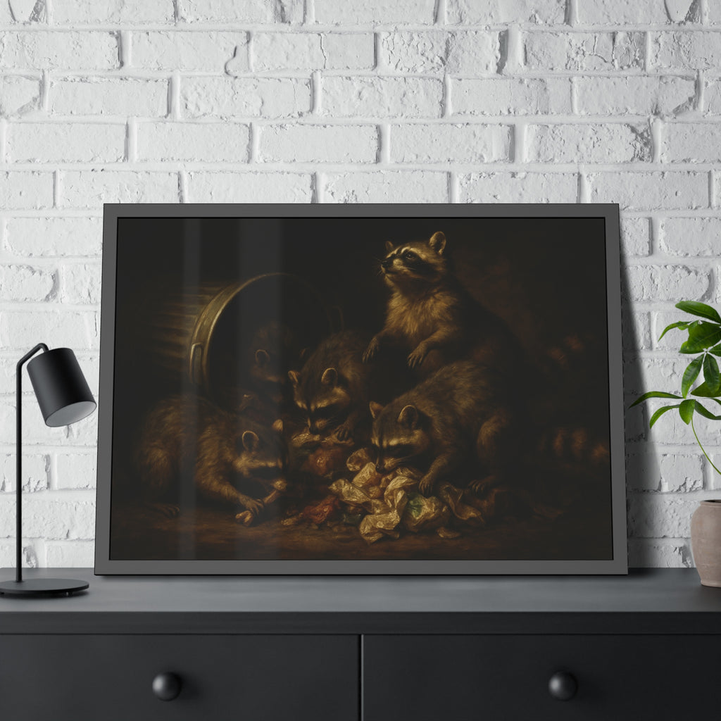 Five raccoons around a toppled metal trash can and spilled scraps. The Entombment of the Garbage by Garabaggio, framed fine art print hanging in a room.