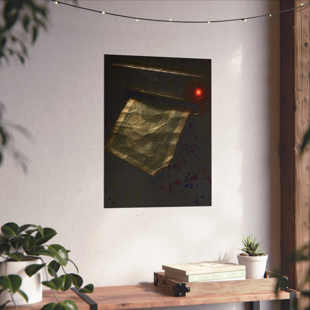 A worn bill pushed back out of a machine slot beside a red light. The Change Machine's Refusal by Garabaggio, fine art print hanging in a room.
