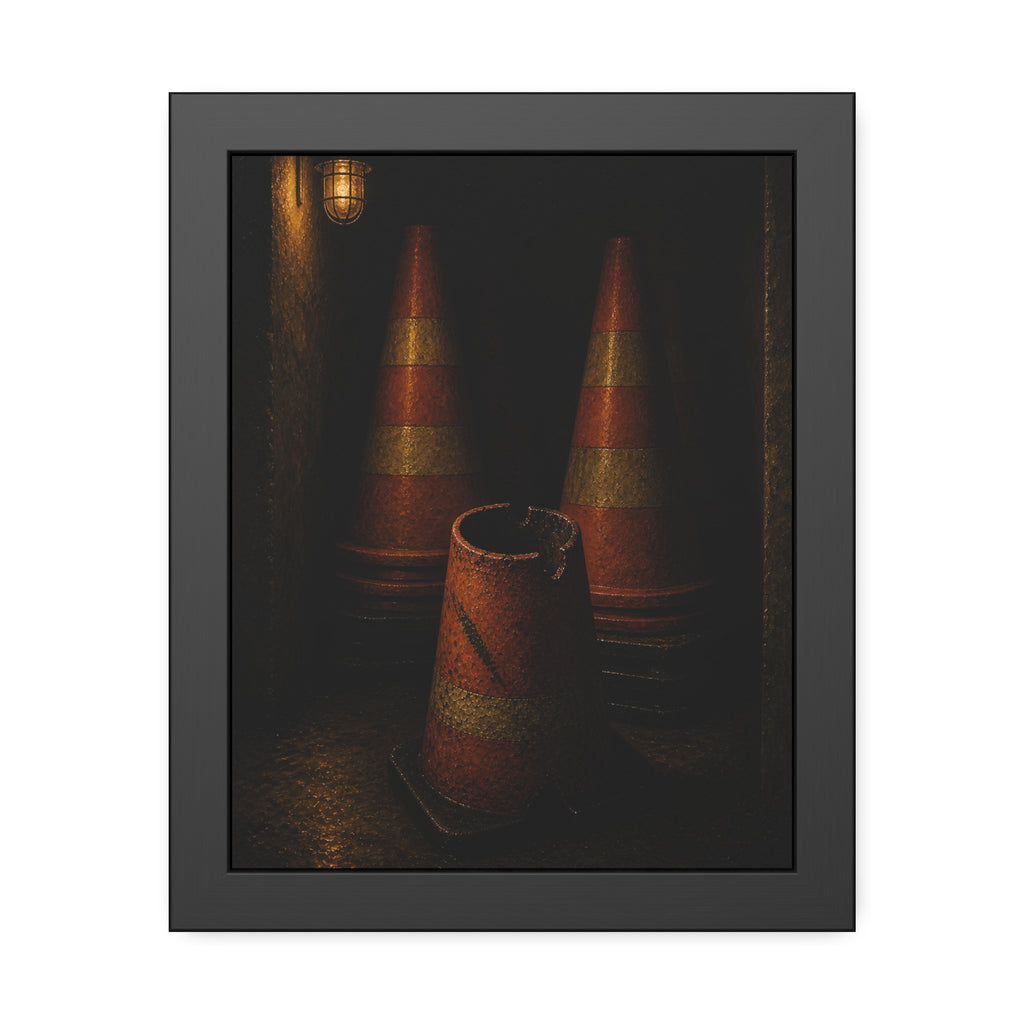 Stacked traffic cones behind a crushed one under a caged wall lamp. The Multiplication of Cones by Garabaggio, framed fine art print, 11″ x 14″.