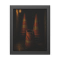 Stacked traffic cones behind a crushed one under a caged wall lamp. The Multiplication of Cones by Garabaggio, framed fine art print, 11″ x 14″.
