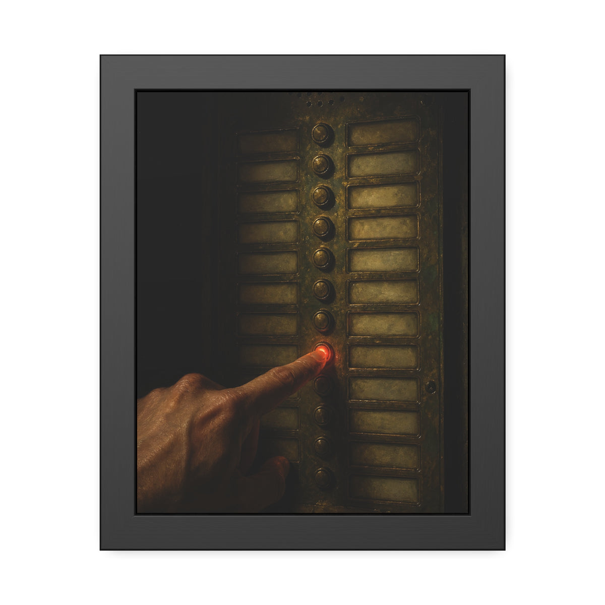 A hand pressing one glowing red button on a worn intercom panel. The Finger at Midnight by Garabaggio, framed fine art print, 11″ x 14″.