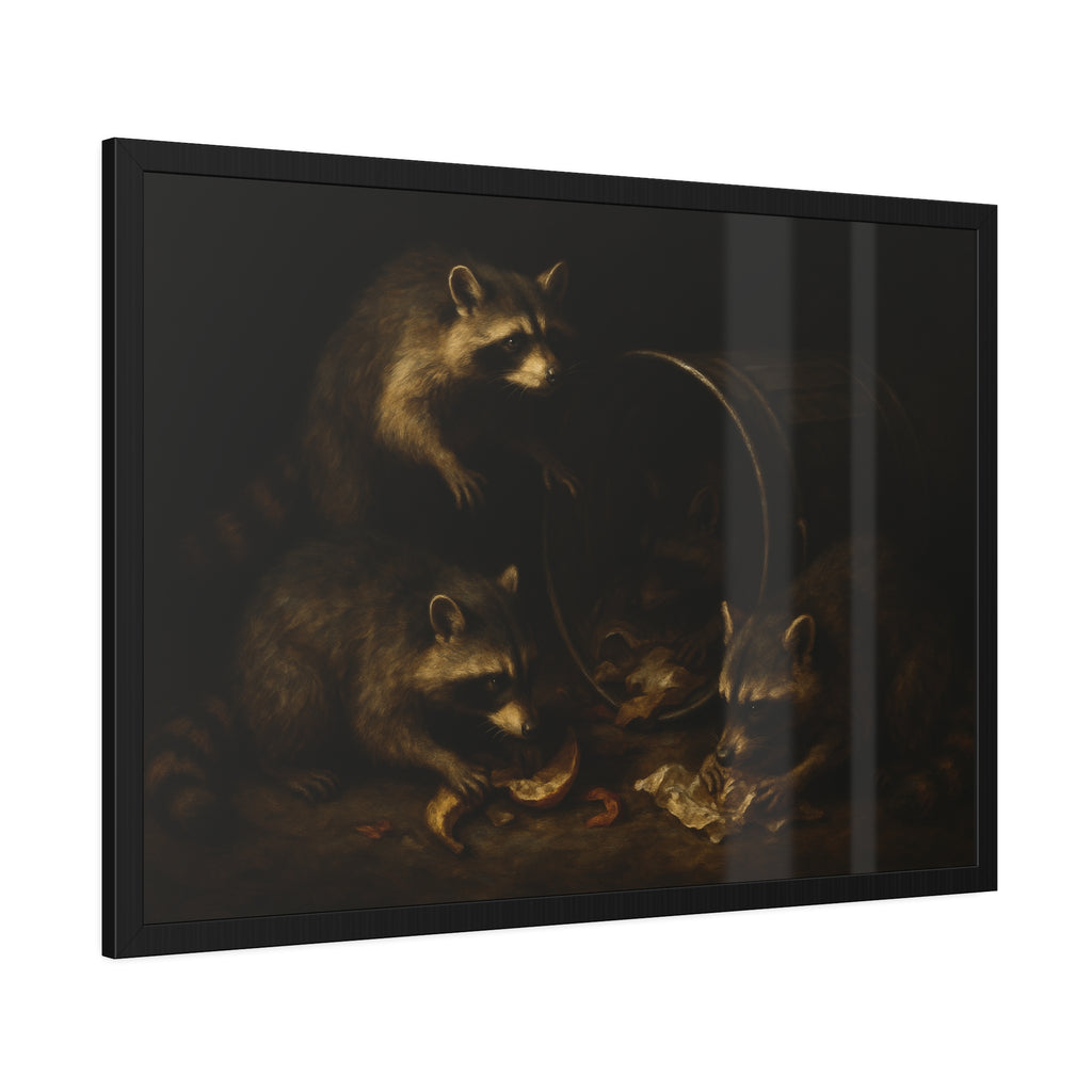 Raccoons at a tipped metal pail, one gnawing a melon rind in the dark. The Supper at the Alleyway by Garabaggio, framed fine art print hanging in a room.