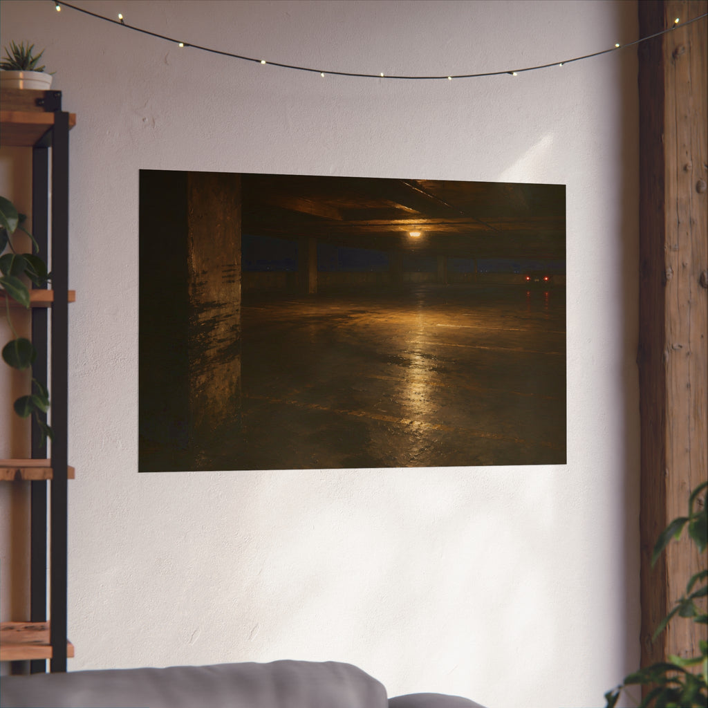 An empty concrete parking deck lit by one ceiling lamp, tail lights beyond. The Parking Garage, Level 4 by Garabaggio, fine art print hanging in a room.