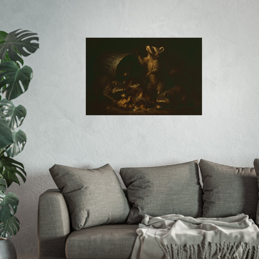 Raccoons around a fallen trash can, one rearing up with a raised paw. The Supper of Shadows by Garabaggio, fine art print hanging in a room.