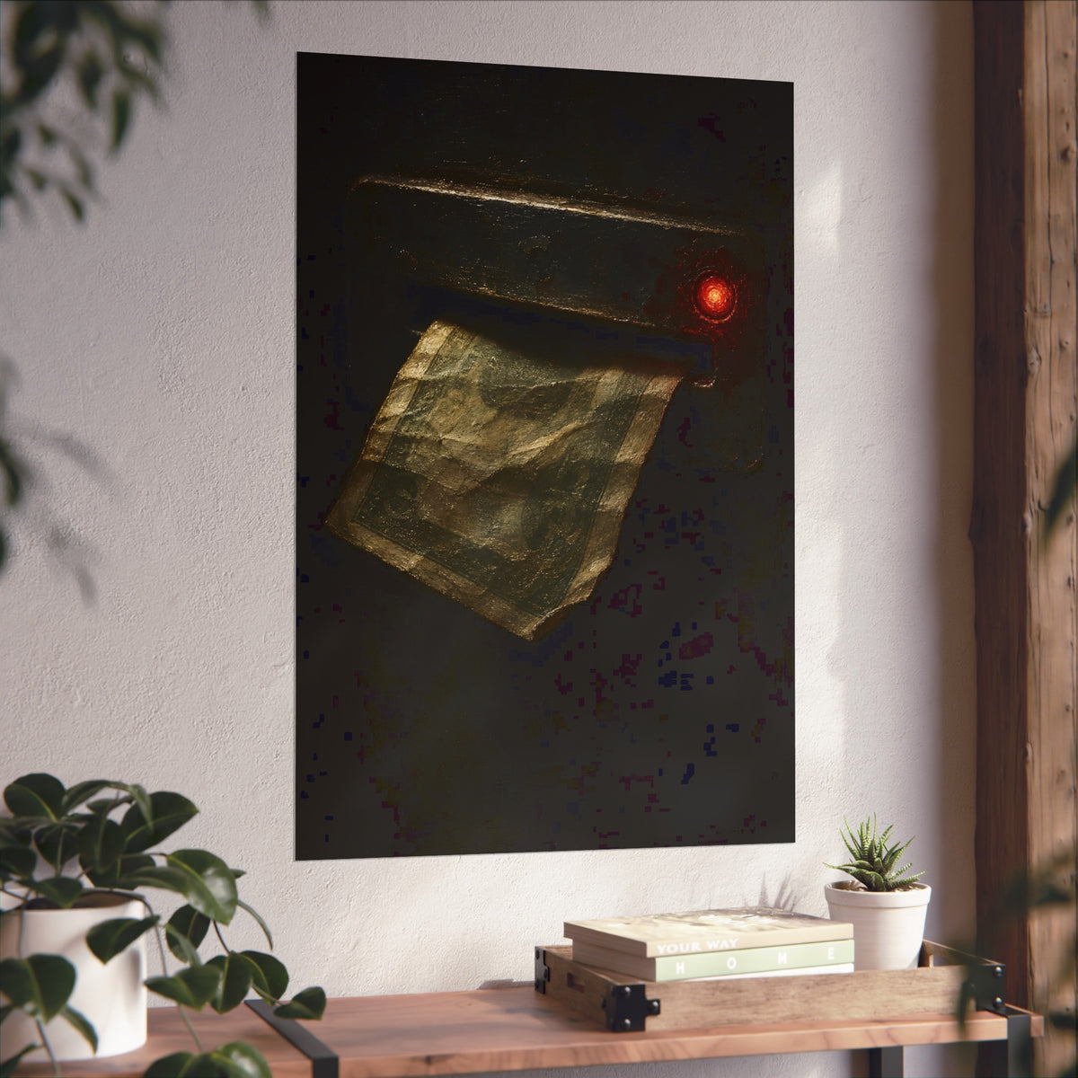 A worn bill pushed back out of a machine slot beside a red light. The Change Machine's Refusal by Garabaggio, fine art print hanging in a room.