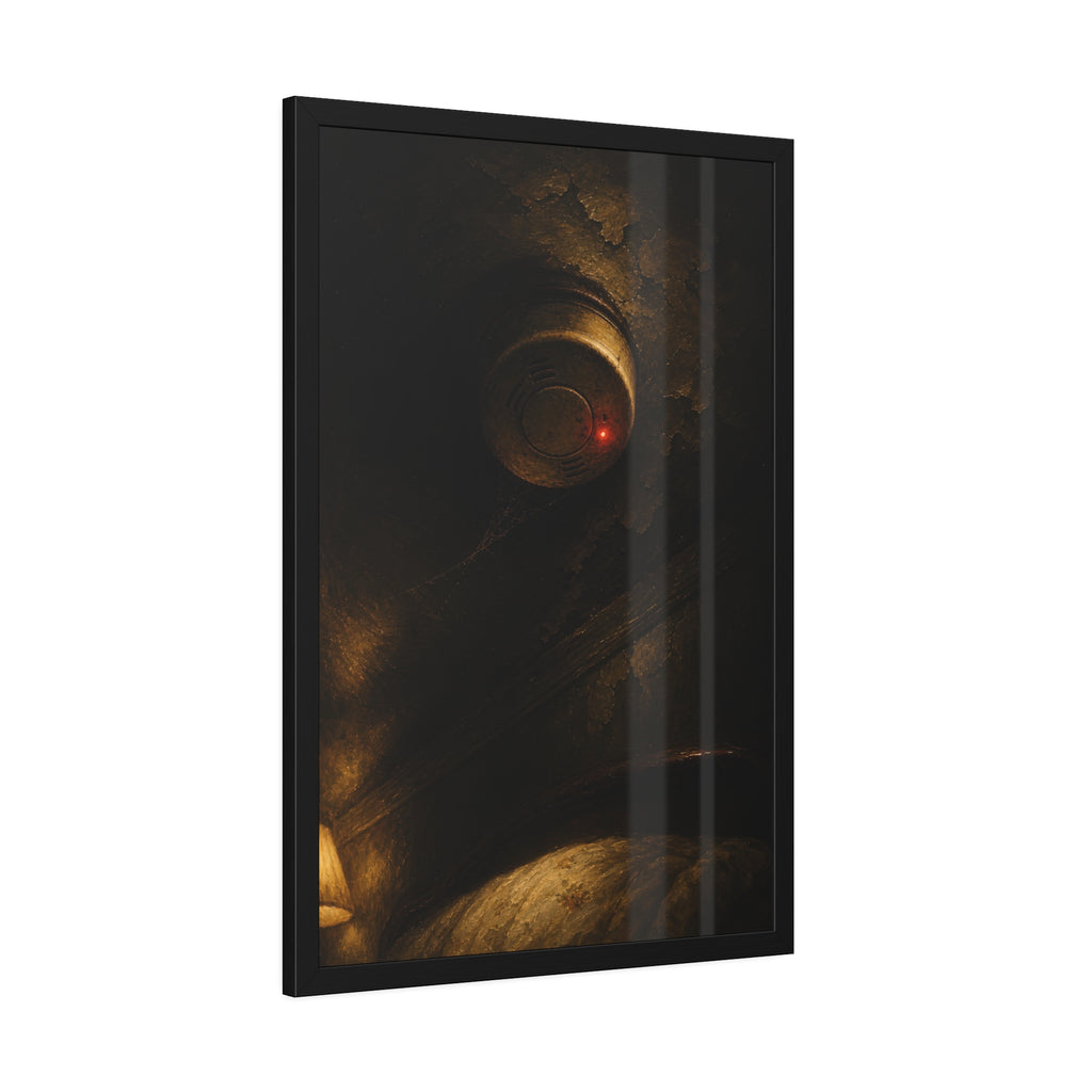 A smoke detector on a stained ceiling, its red light on, cobweb below. The Watch Above Sleep by Garabaggio, framed fine art print hanging in a room.