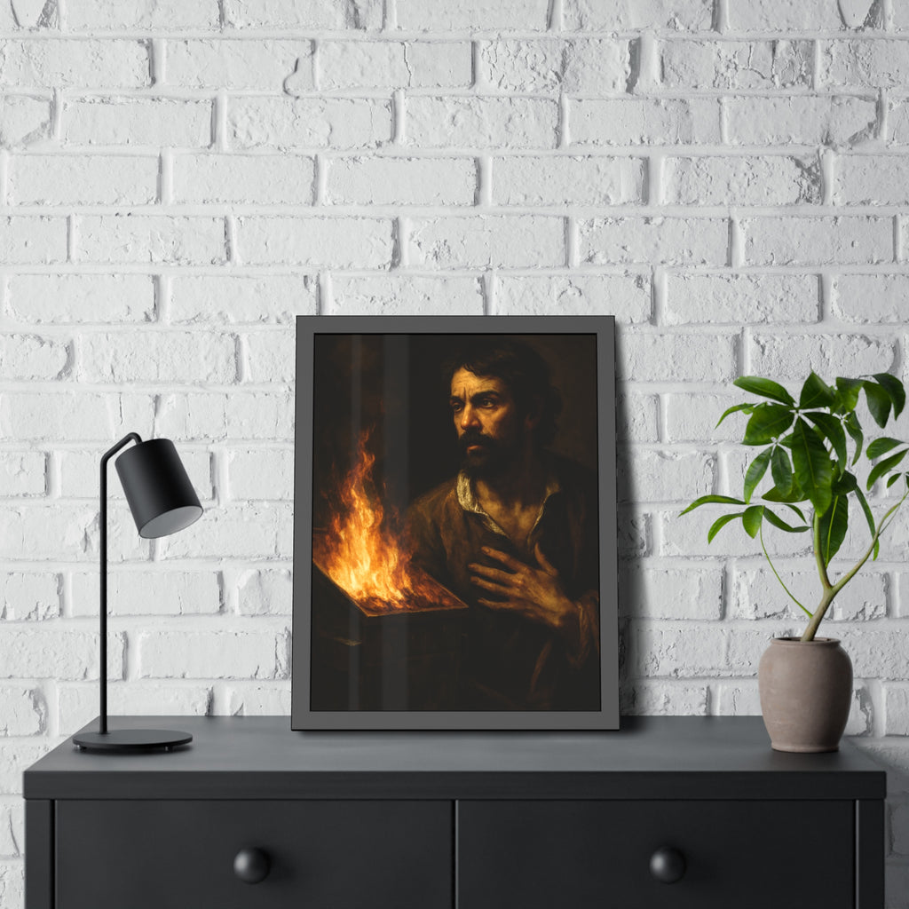 Man with a hand flat on his chest looking toward a low burning bin. Self-Portrait with Oath by Garabaggio, framed fine art print hanging in a room.