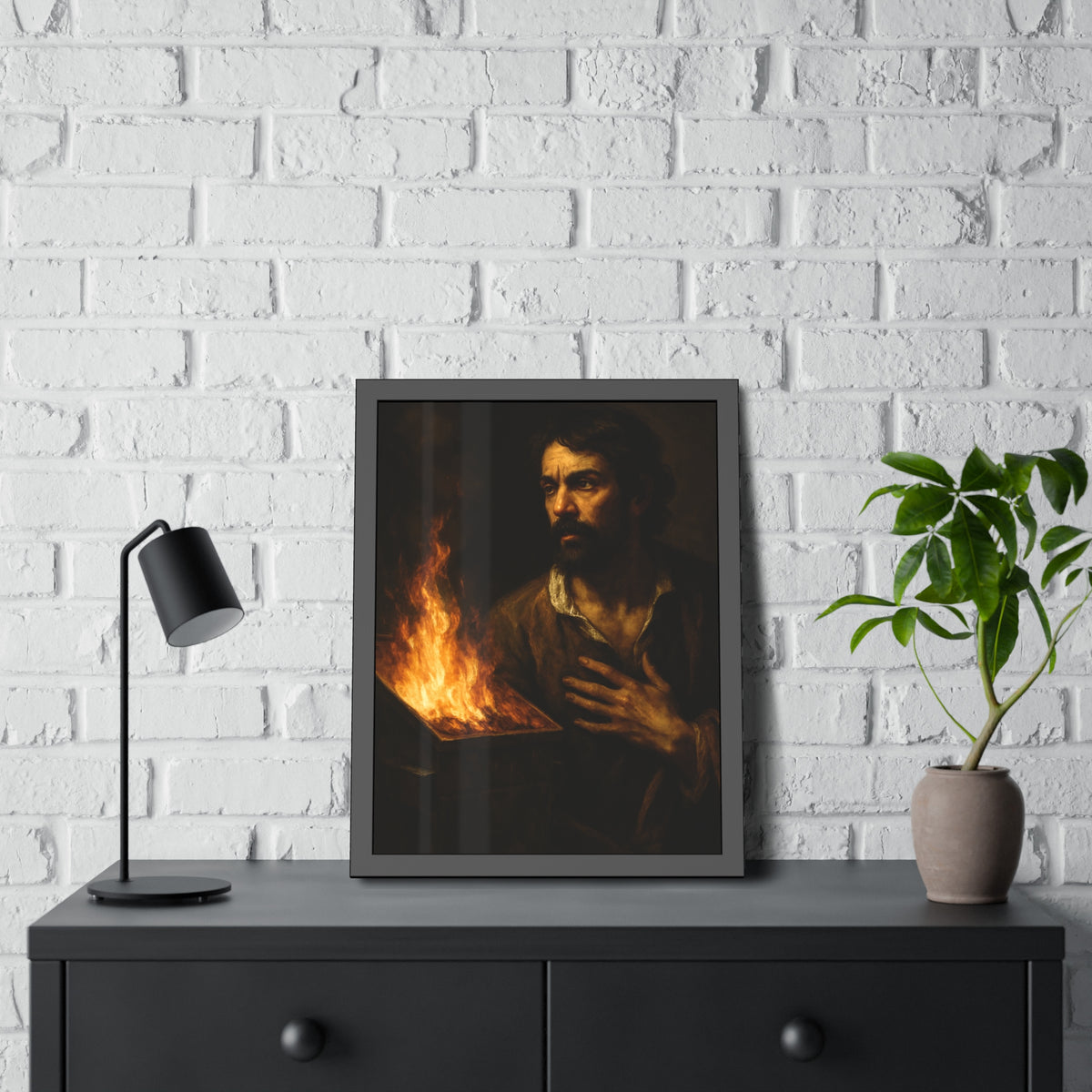 Man with a hand flat on his chest looking toward a low burning bin. Self-Portrait with Oath by Garabaggio, framed fine art print hanging in a room.