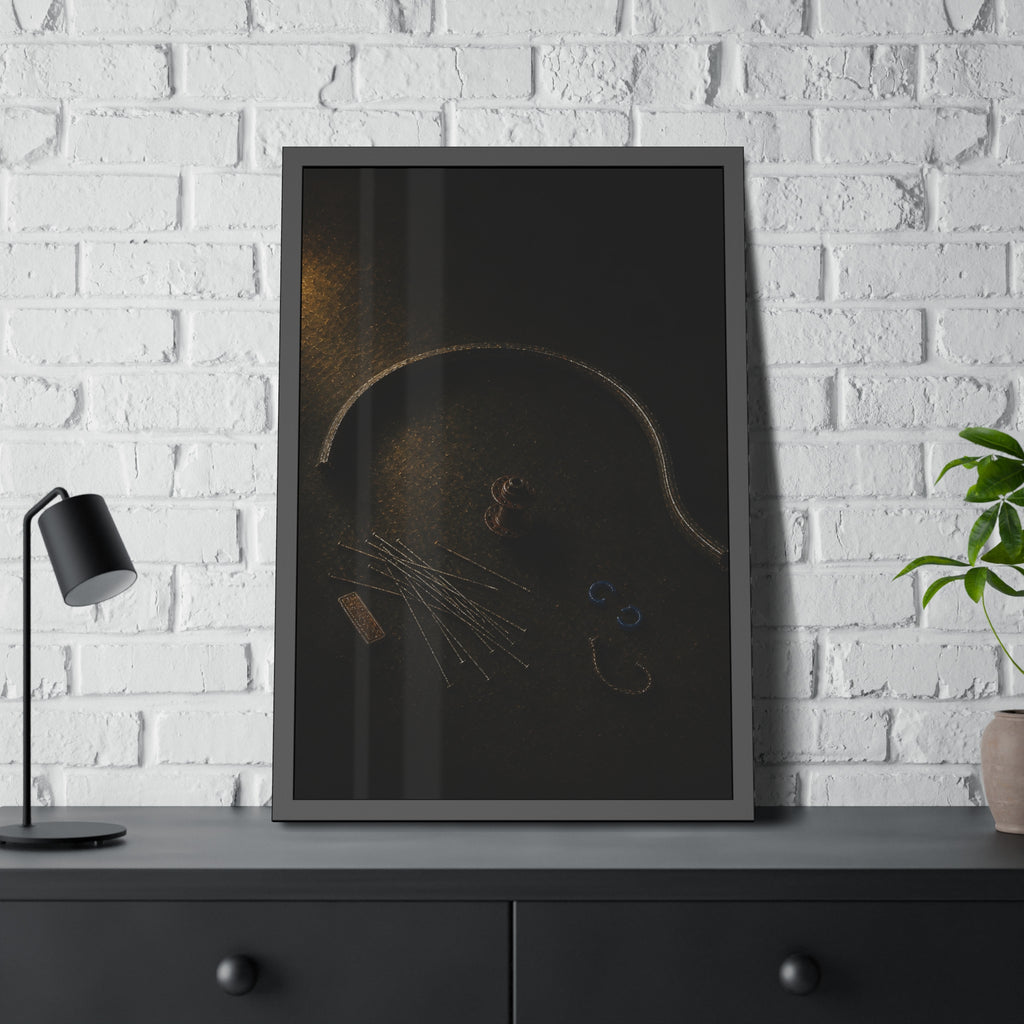 Bent bicycle rim, loose spokes and hub laid out on dark asphalt. Arc and Spokes by Garabaggio, framed fine art print hanging in a room.