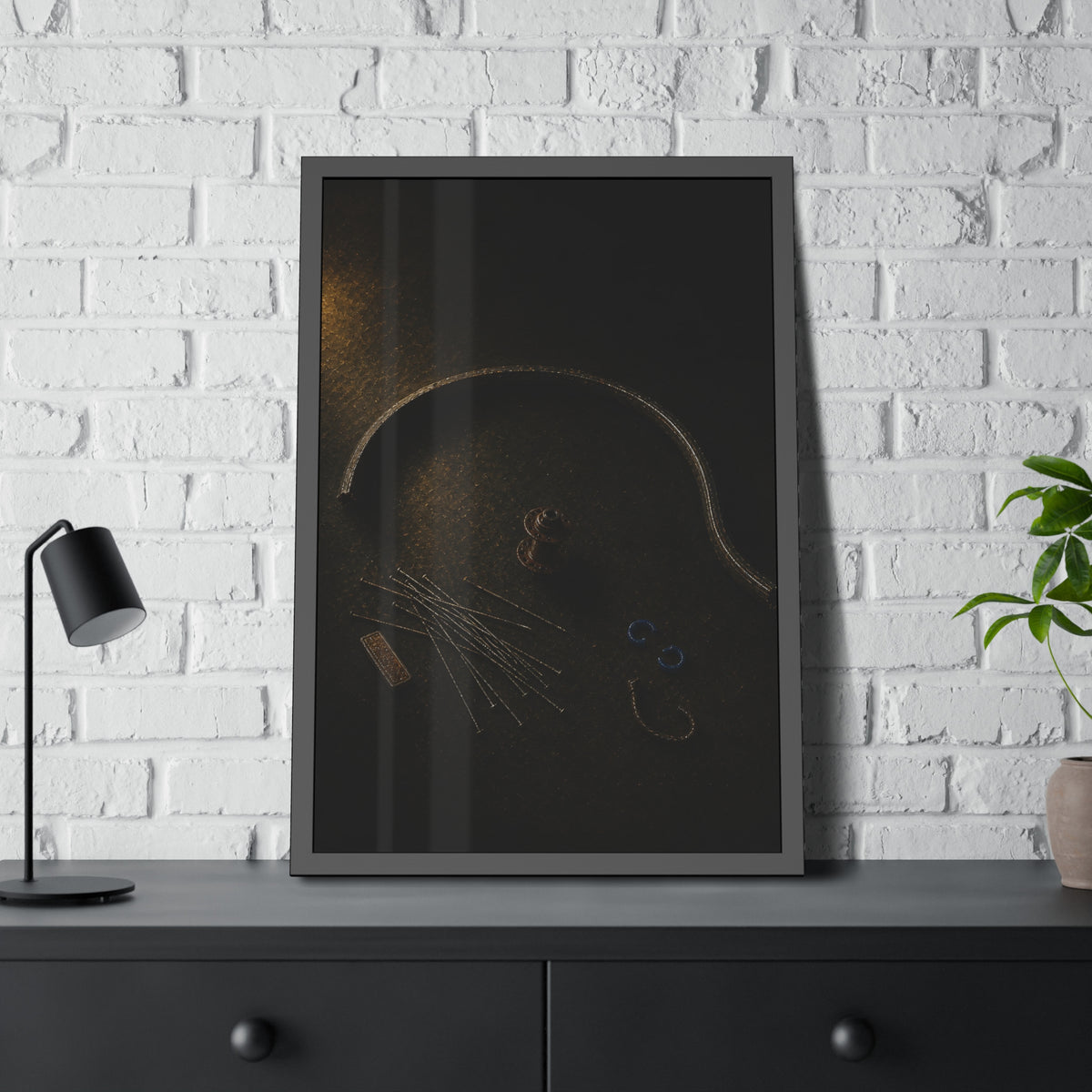 Bent bicycle rim, loose spokes and hub laid out on dark asphalt. Arc and Spokes by Garabaggio, framed fine art print hanging in a room.