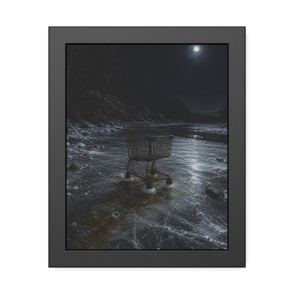 A rusted shopping cart frozen into moonlit river ice. The Wintering in the Ice by Garabaggio, framed fine art print, 11″ x 14″.