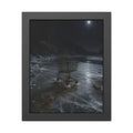A rusted shopping cart frozen into moonlit river ice. The Wintering in the Ice by Garabaggio, framed fine art print, 11″ x 14″.