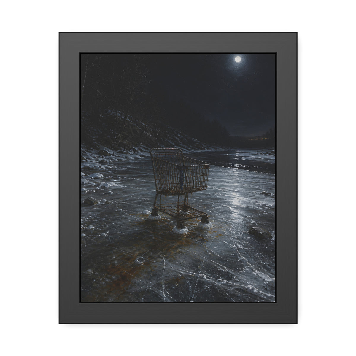 A rusted shopping cart frozen into moonlit river ice. The Wintering in the Ice by Garabaggio, framed fine art print, 11″ x 14″.