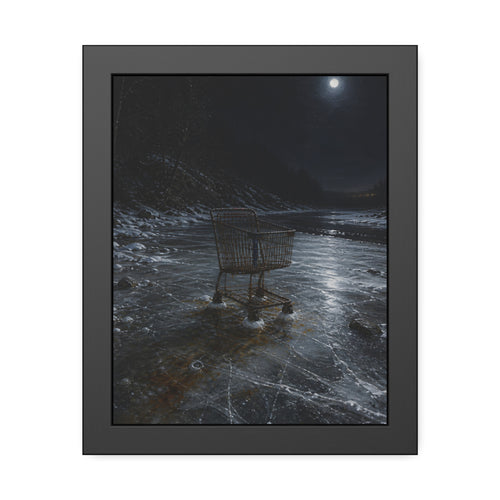 A rusted shopping cart frozen into moonlit river ice. The Wintering in the Ice by Garabaggio, framed fine art print, 11″ x 14″.