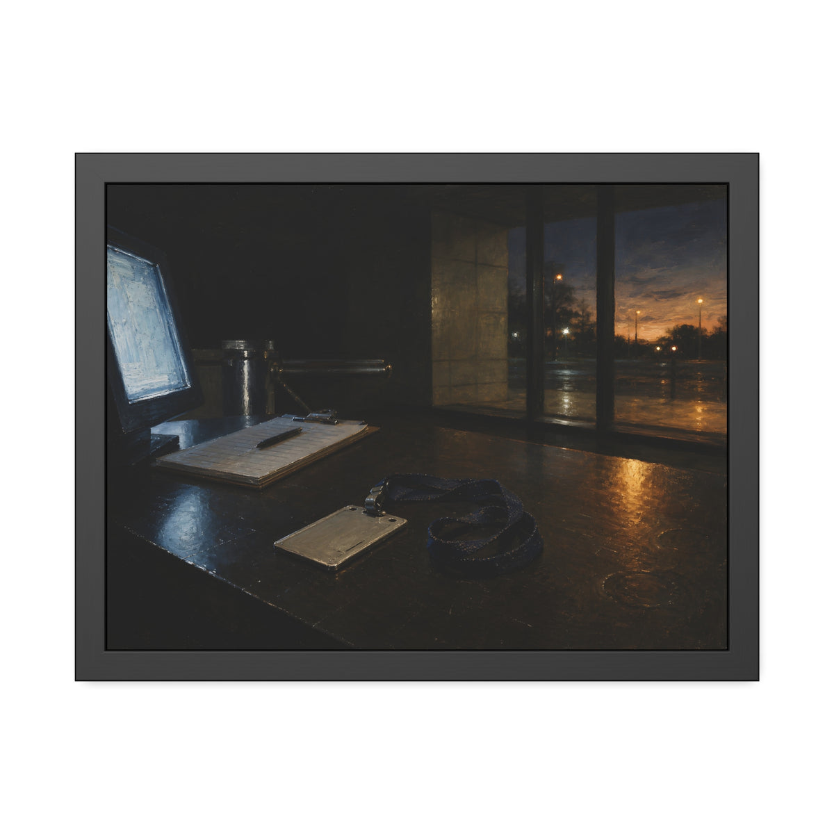 An ID badge and lanyard left on a security desk beside a lit monitor. The Badge on the Security Desk by Garabaggio, framed fine art print, 24″ x 18″.