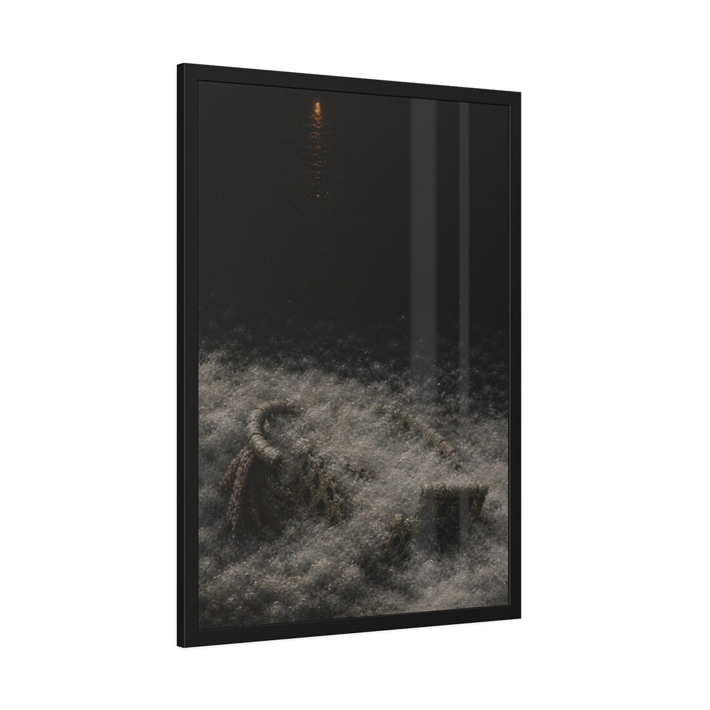 A broken laundry basket half buried in a snowbank under a distant light. Lattice in the Snowbank by Garabaggio, framed fine art print hanging in a room.