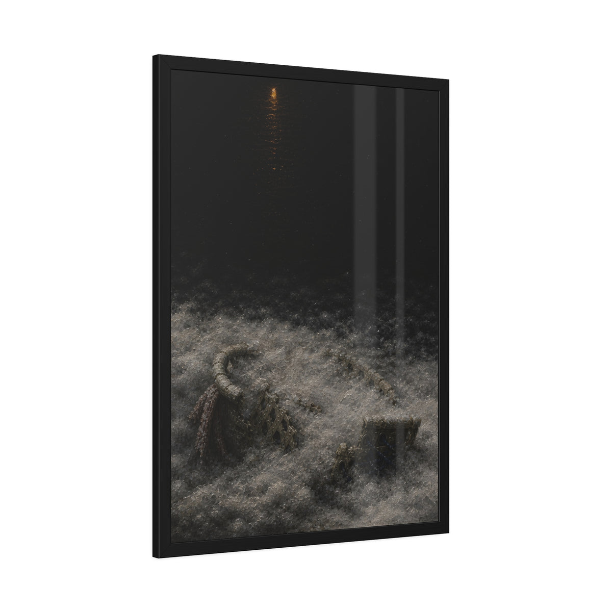 A broken laundry basket half buried in a snowbank under a distant light. Lattice in the Snowbank by Garabaggio, framed fine art print hanging in a room.