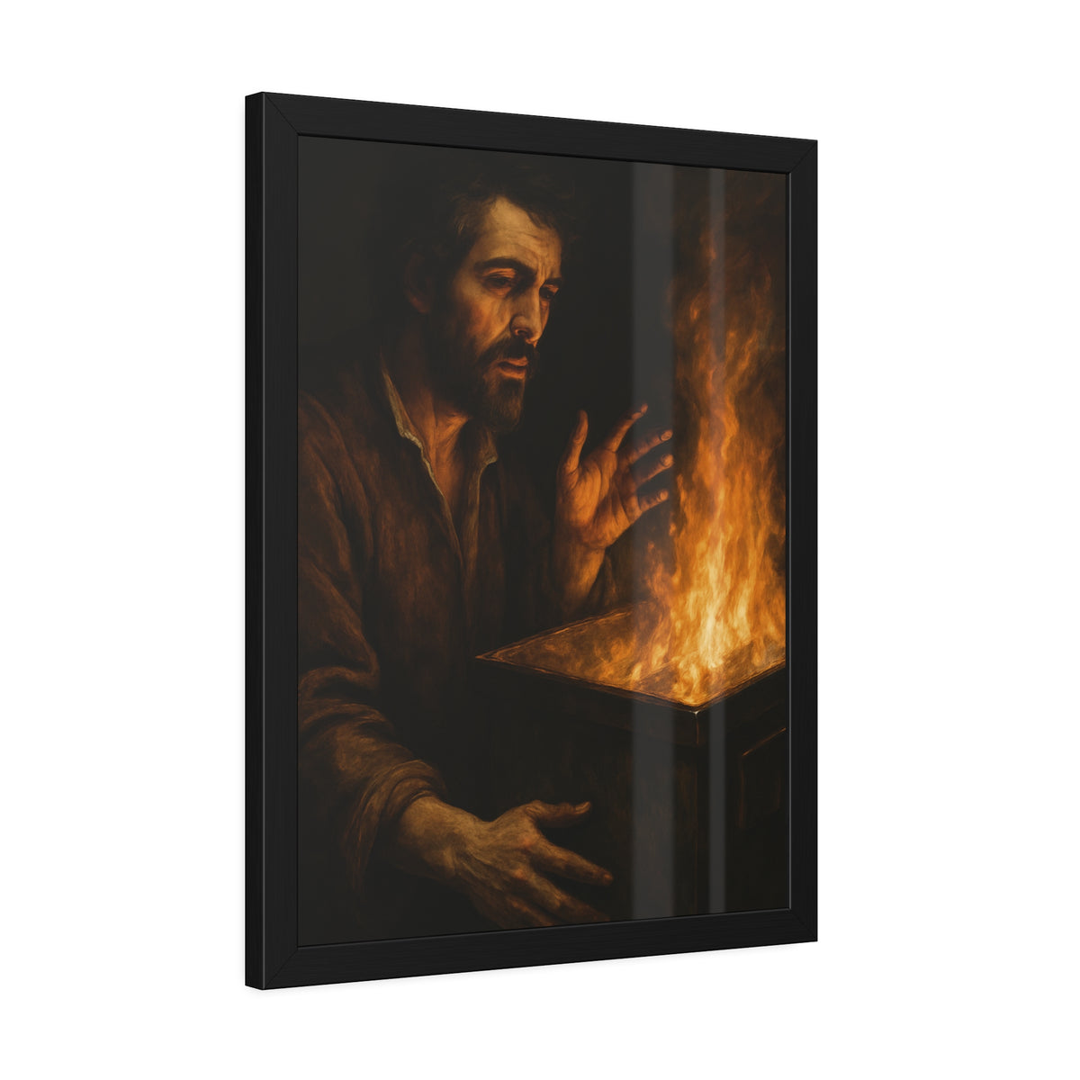 Man holding both hands toward the flames of a burning dumpster. Self-Portrait Warming the Hands by Garabaggio, framed fine art print hanging in a room.