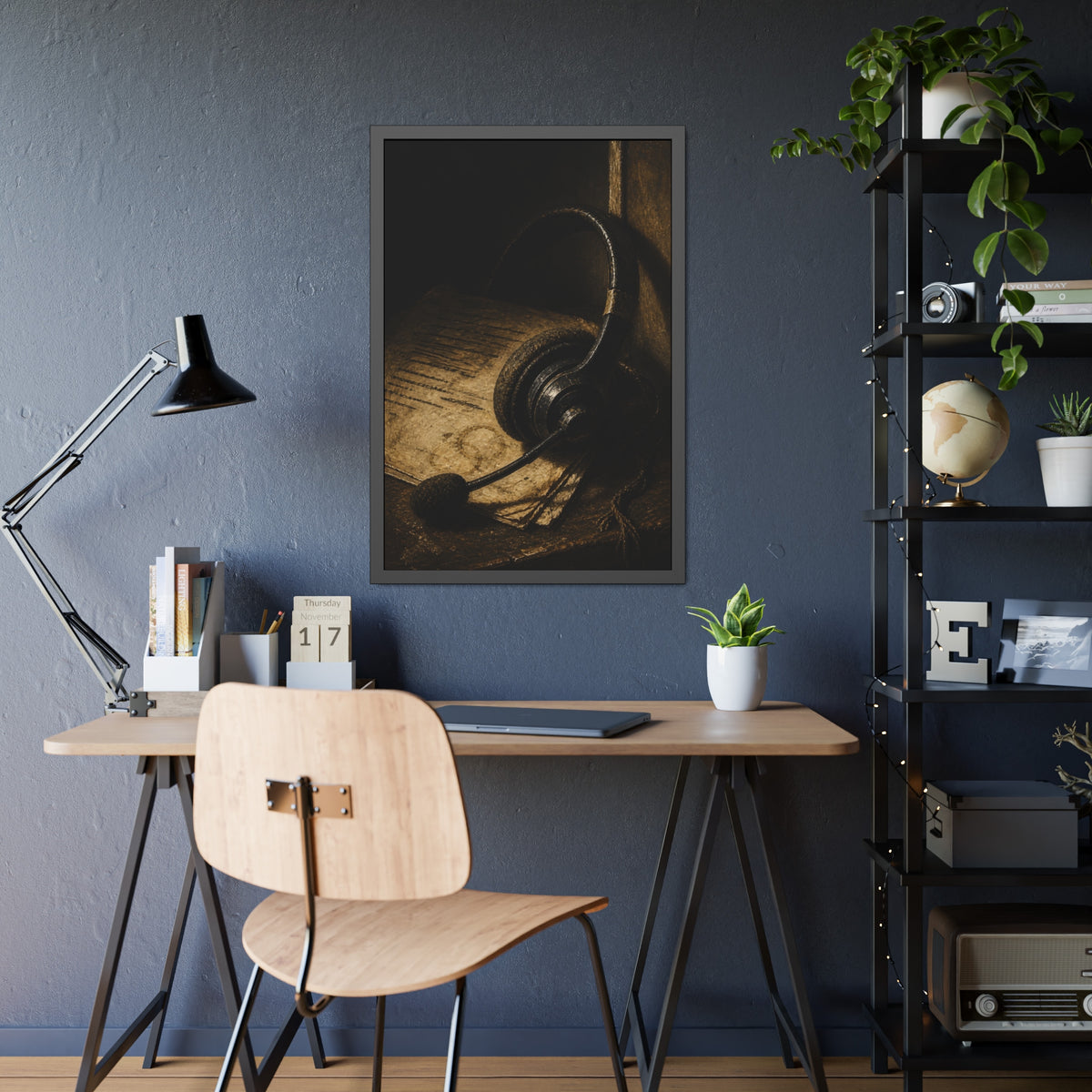 A worn headset resting on a printed script page with coffee rings. The Script Beside the Mouthpiece by Garabaggio, framed fine art print hanging in a room.