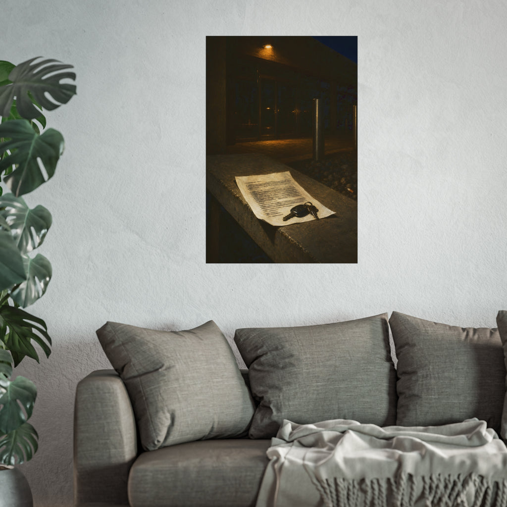 A printed page and car keys on a concrete ledge outside an office at night. The Last Email, Printed by Garabaggio, fine art print hanging in a room.