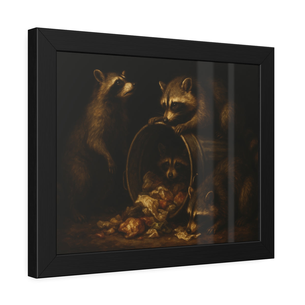 Four raccoons around a tipped metal trash can spilling food scraps. The Crowning with Crumbs by Garabaggio, framed fine art print hanging in a room.
