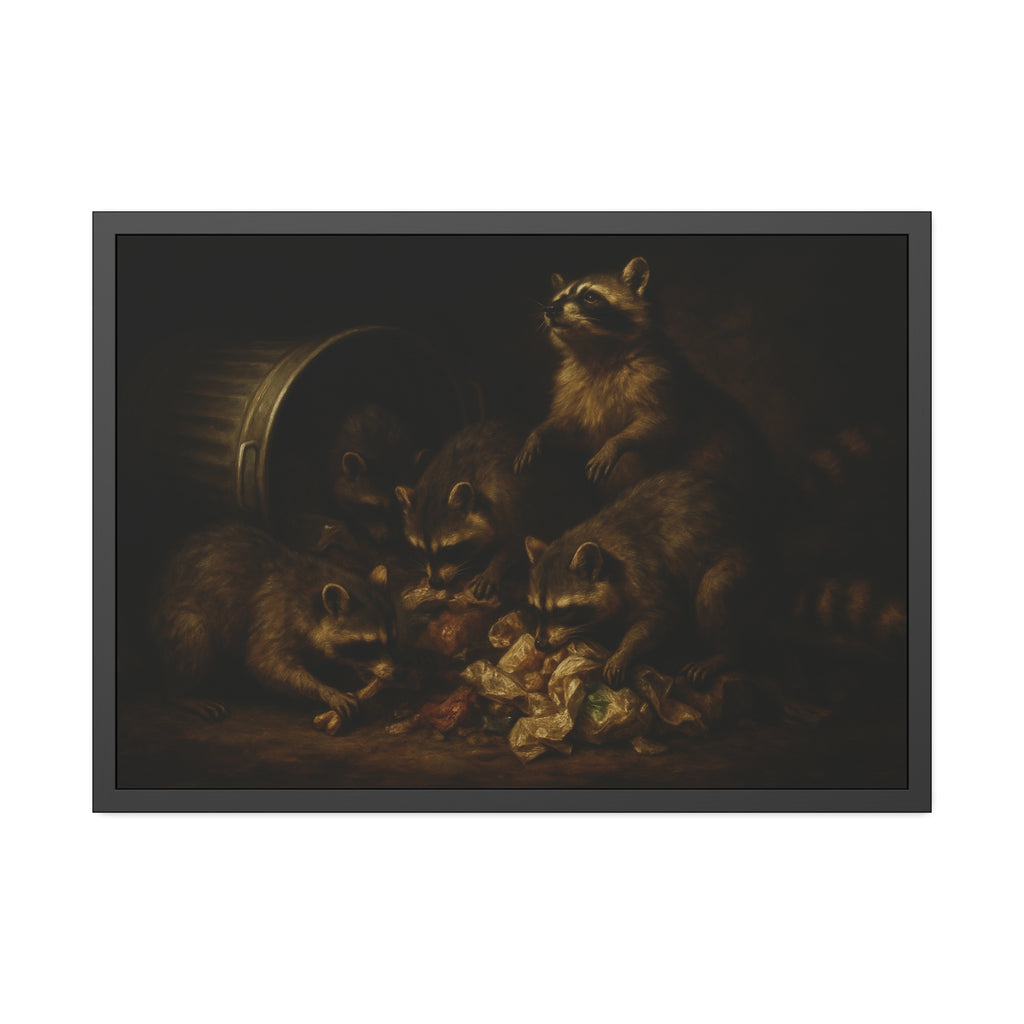 Five raccoons around a toppled metal trash can and spilled scraps. The Entombment of the Garbage by Garabaggio, framed fine art print hanging in a room.