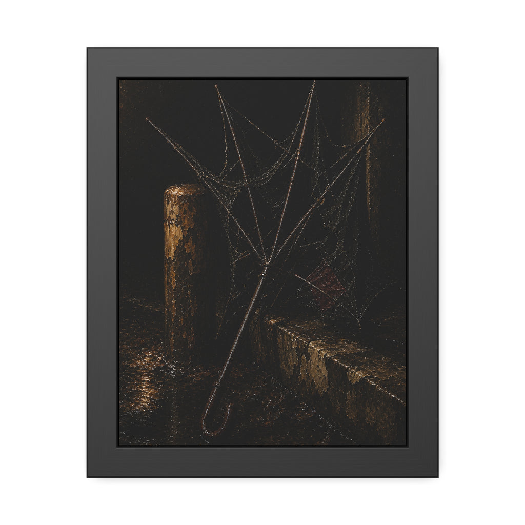 A broken umbrella with torn fabric leaning against a post on a wet curb. The Crown of Ribs by Garabaggio, framed fine art print, 11″ x 14″.