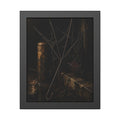 A broken umbrella with torn fabric leaning against a post on a wet curb. The Crown of Ribs by Garabaggio, framed fine art print, 11″ x 14″.