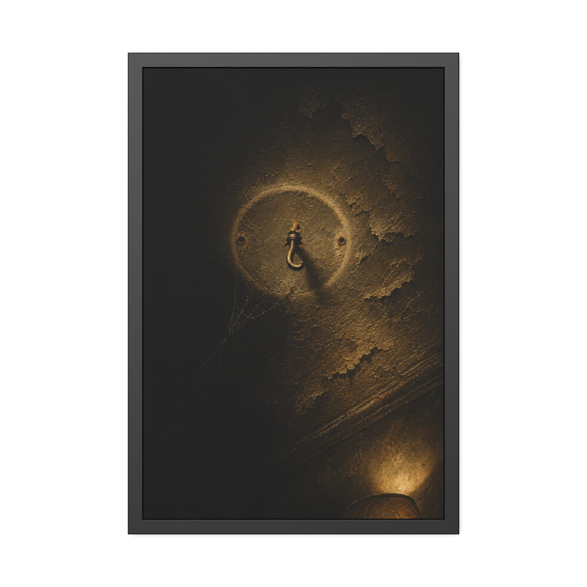 A small empty hook on a cracked ceiling, lit from one side. The Hook Without a Burden by Garabaggio, framed fine art print, 24″ x 36″.