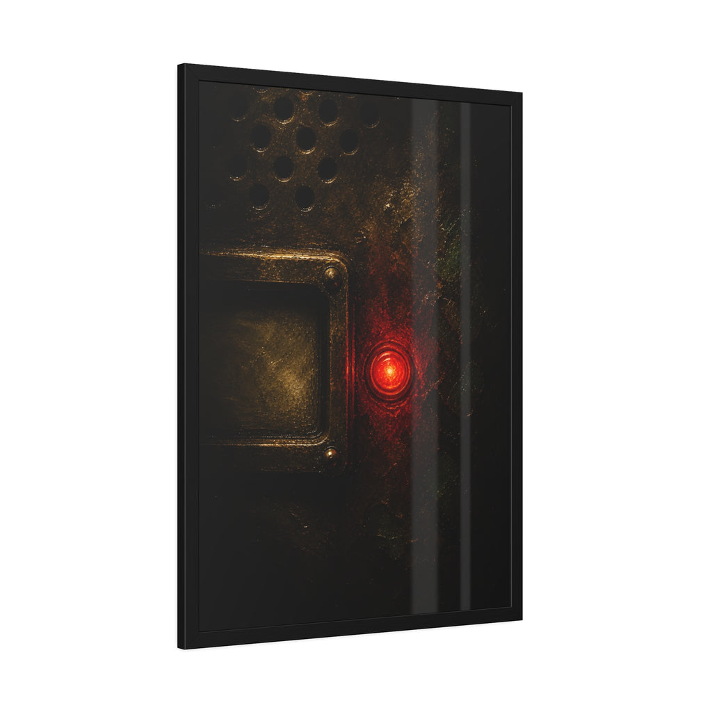 Close view of an intercom panel with one red button glowing in the dark. The Stuck Red Light by Garabaggio, framed fine art print hanging in a room.