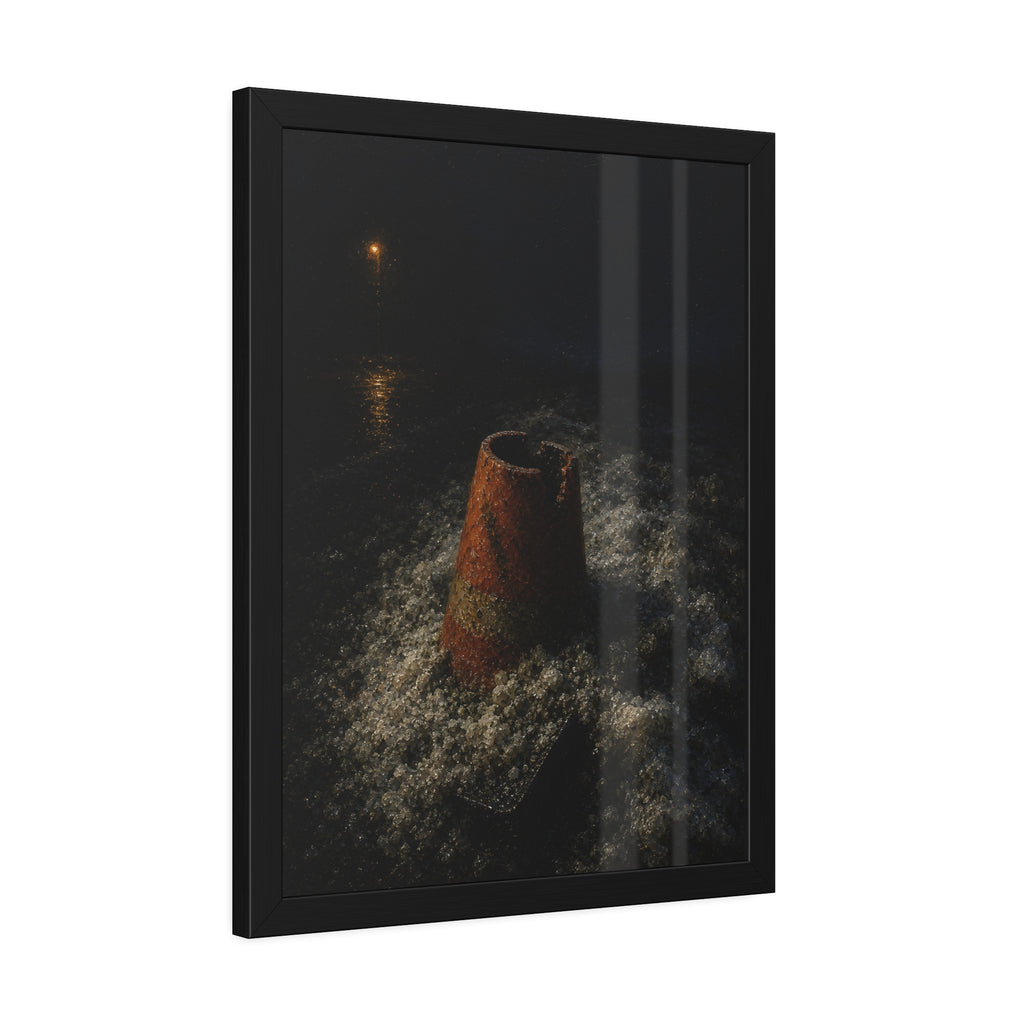An orange traffic cone half buried in road salt under a distant streetlight. The Burial in Road Salt by Garabaggio, framed fine art print hanging in a room.
