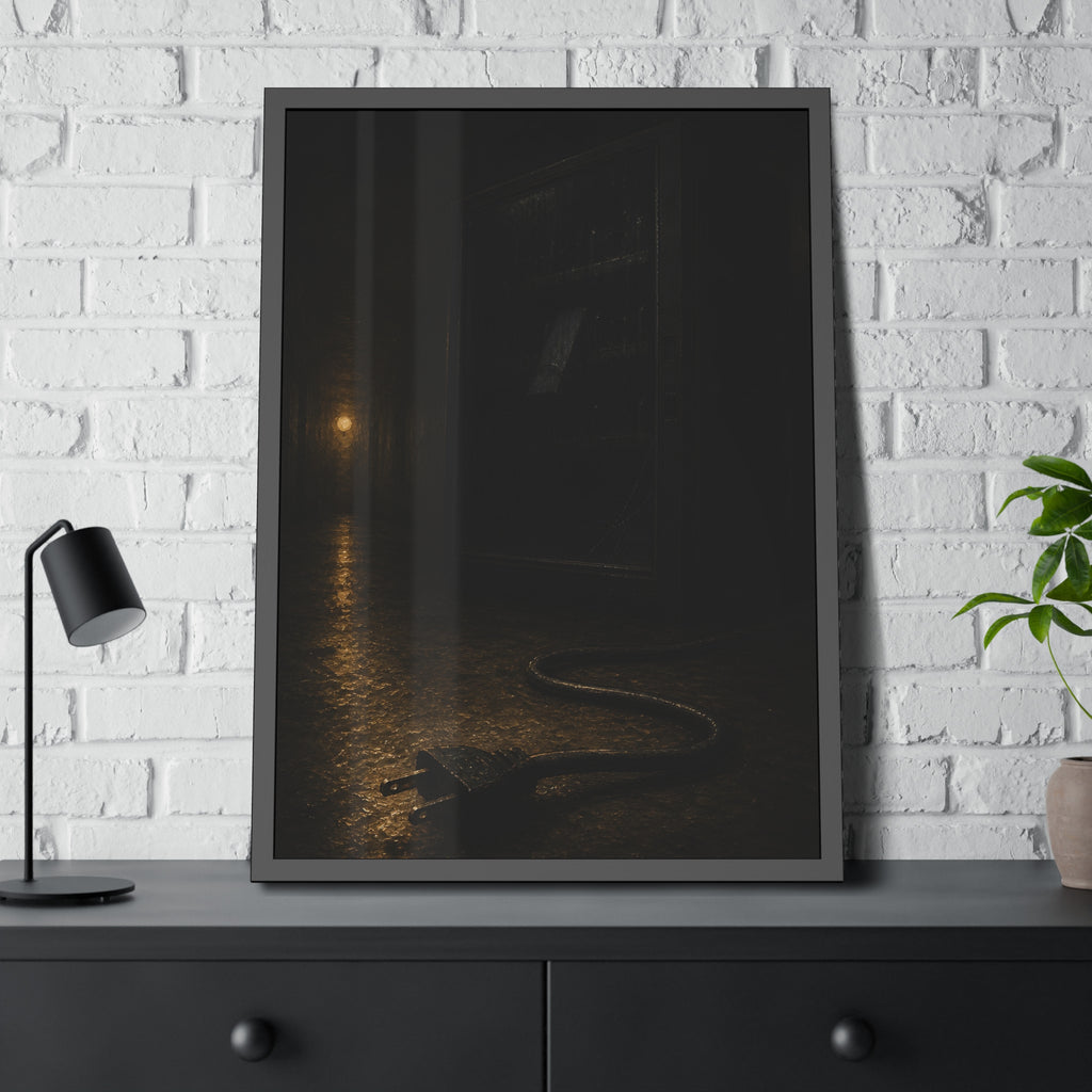 A dark vending machine with its unplugged cord lying on a wet corridor floor. The Unplugging by Garabaggio, framed fine art print hanging in a room.